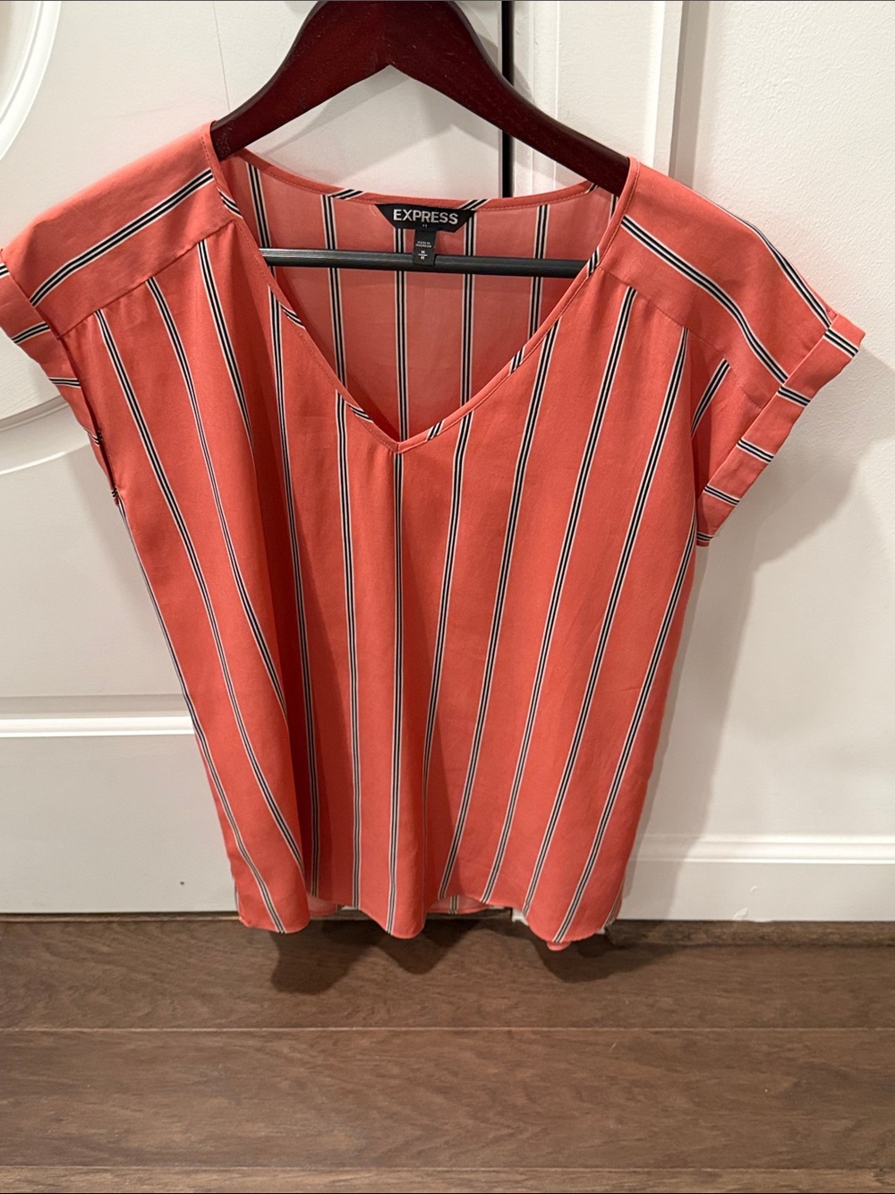 Express Coral and White Striped V-Neck Short Sleeve Blouse